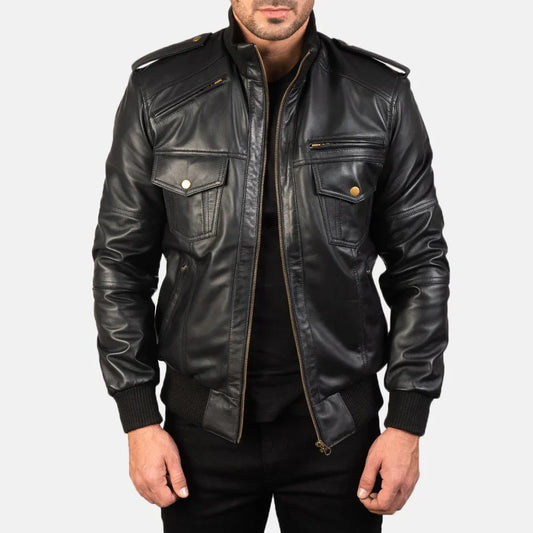 Agent Shadow Black Leather Bomber Jacket image 1