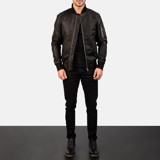 Bomia Ma-1 Distressed Black Leather Bomber Jacket image 1